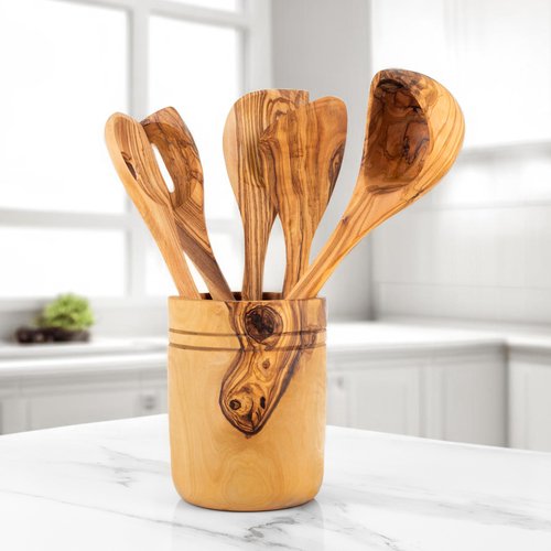 Handmade olive wood kitchen utensils set with wooden holder